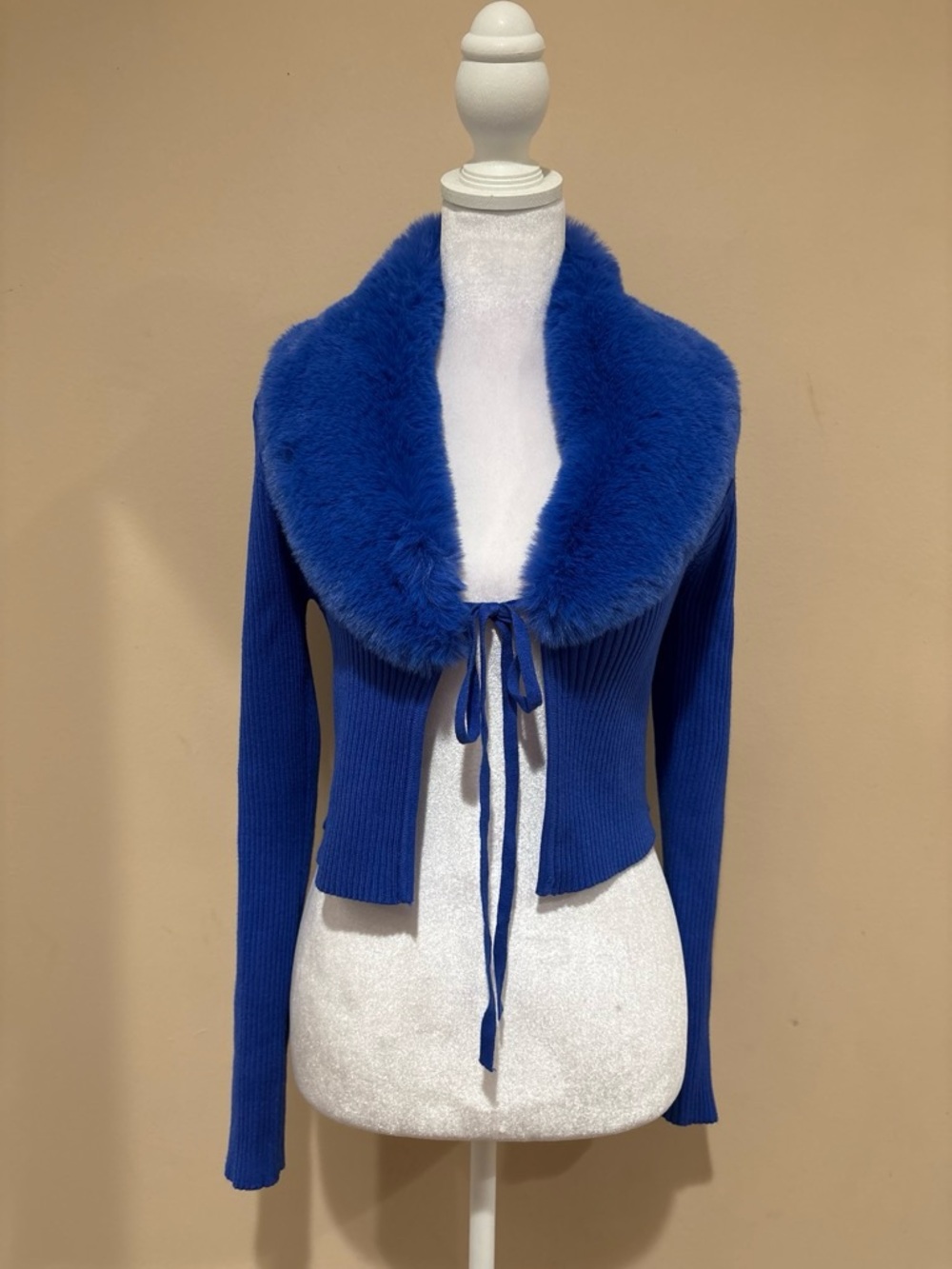 Love Tree Royal Blue Ribbed Tie-Front Sweater with Faux Fur Collar